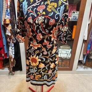 BCBGMaxAzria Black and Orange Sheath Dress with Flutter Sleeves